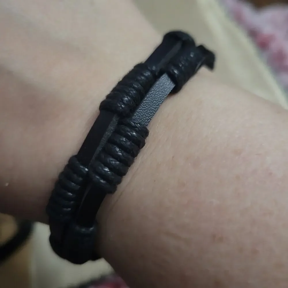 4 piece spiked black synthetic leather adjustable bracelet set